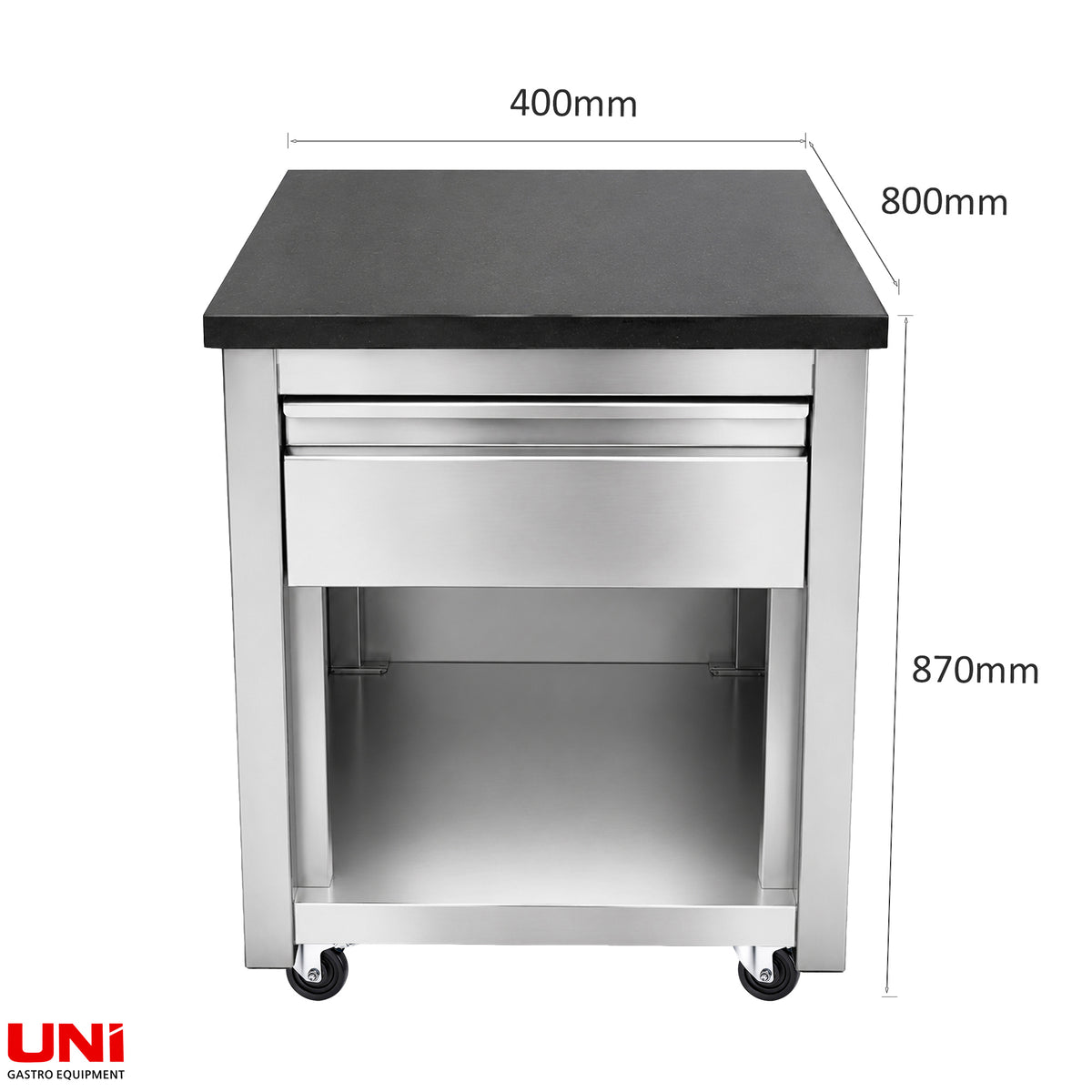 40165 Banco cassa in acciaio inox, granito nero, con rivestimento in legno, 40 x 82