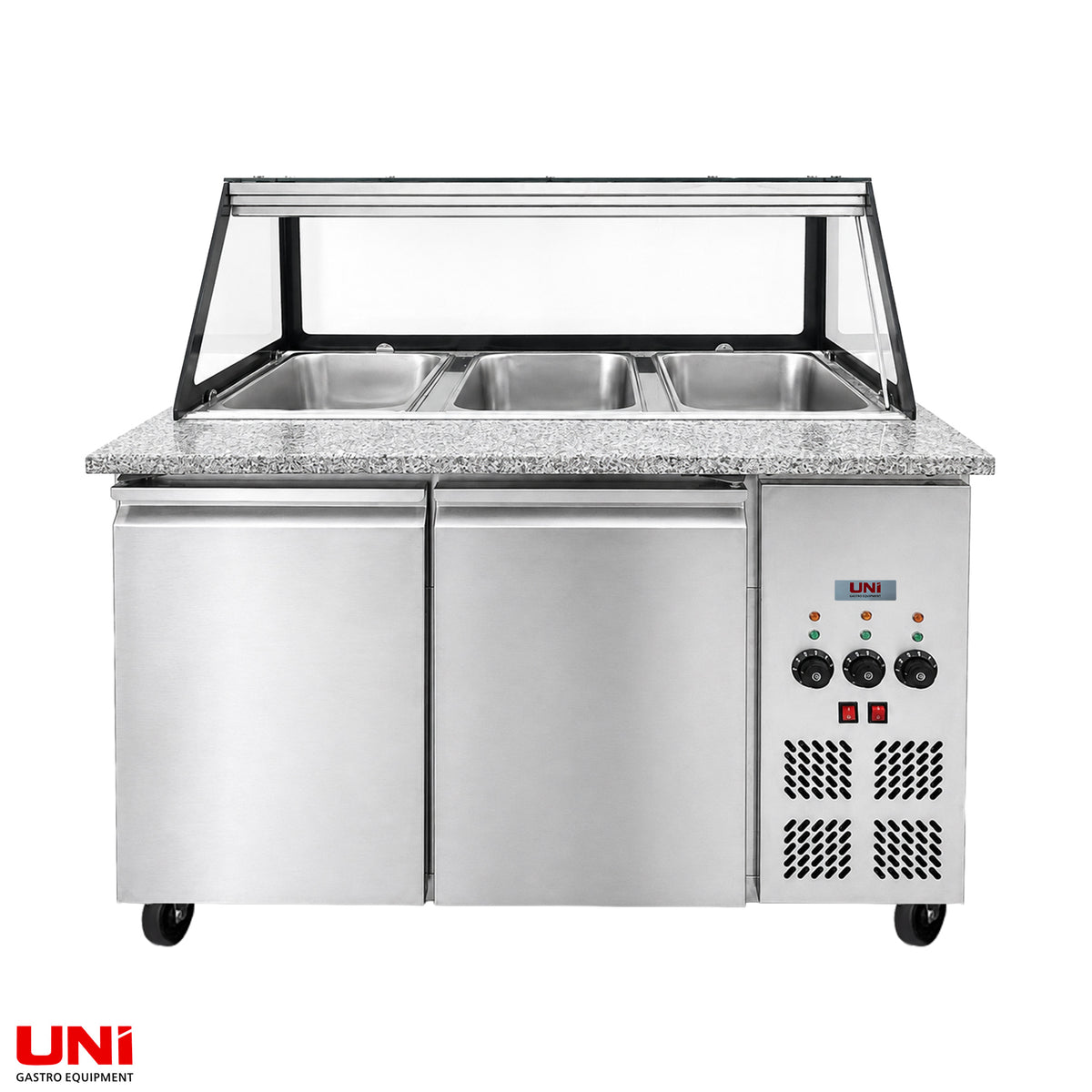 40343 Banco SNACK-Line a bagnomaria 3x GN1/1, Granit Star Galaxy nero, 123x82x85,5 Sovrastruttura in vetro trasparente con appunti, H=496mm