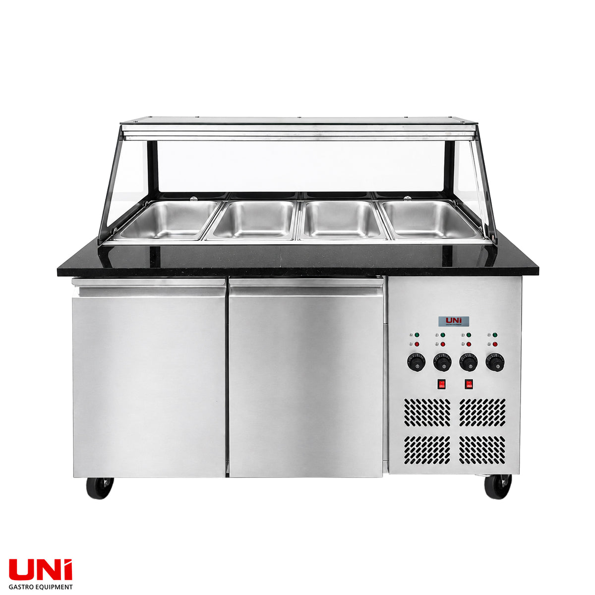 40353 Banco SNACK-Line a bagnomaria 4x GN1/1, Granit Star Galaxy nero, 153x82x85,5 Sovrastruttura in vetro trasparente con appunti, H=496mm