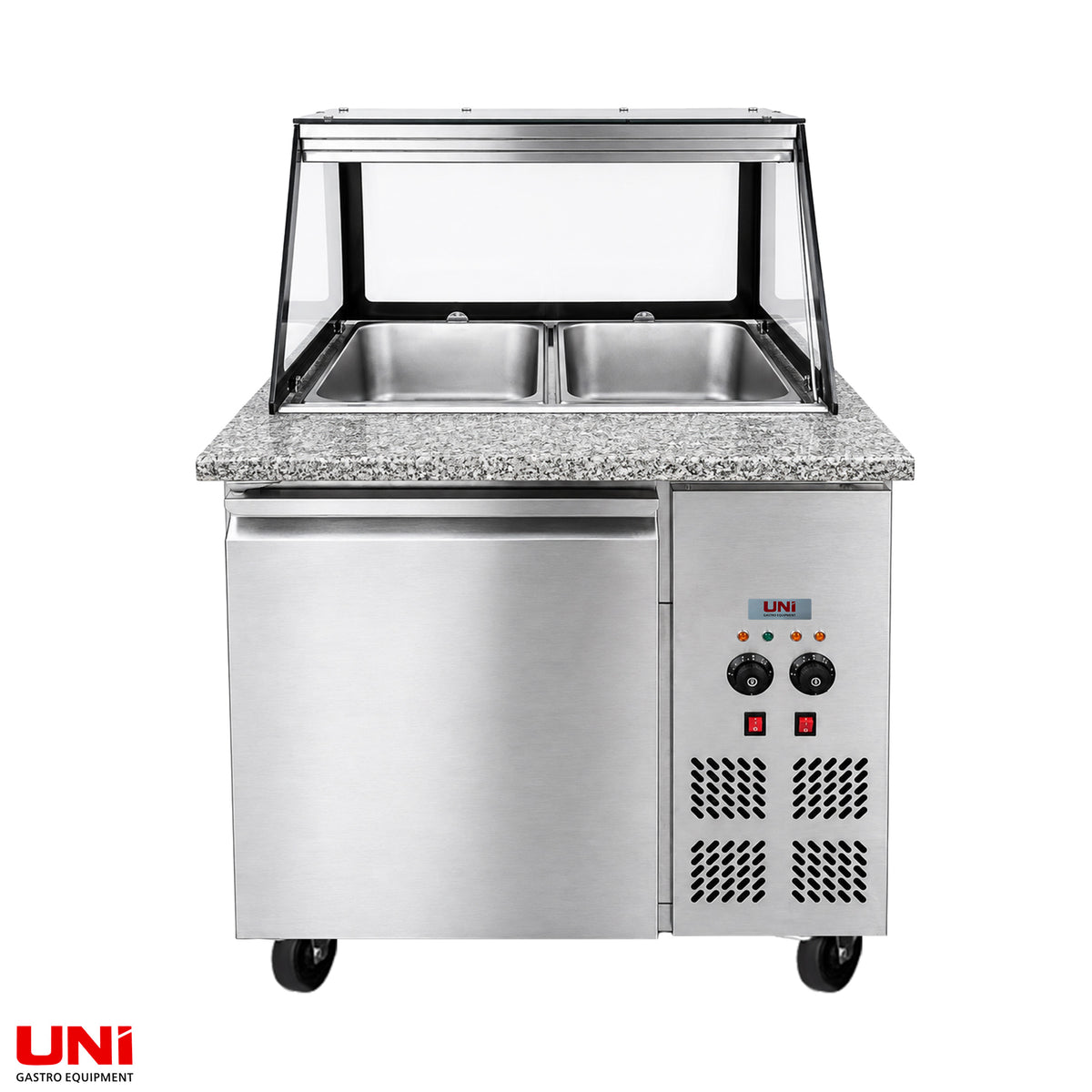 40362 Banco SNACK-Line a bagnomaria 2x GN1/1, granito Star Galaxy nero, 88x82x85,5 sovrastruttura in vetro trasparente con appunti, H=496mm