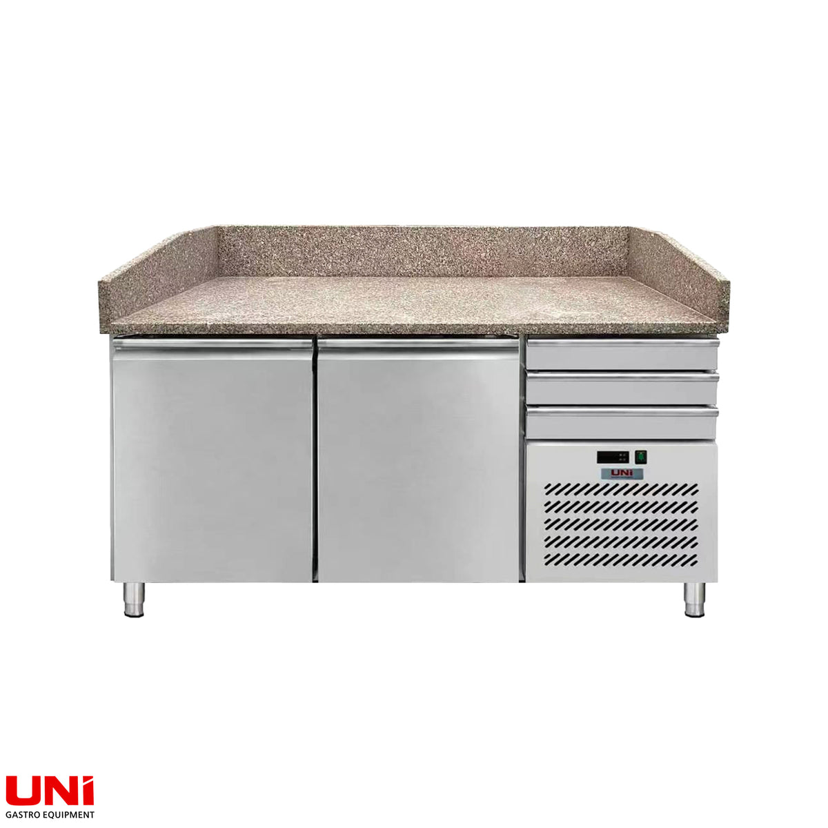41019 Banco frigo per pizza PRO, granito rosa-grigio, 2 ante + 3 cassetti, 160 x 80