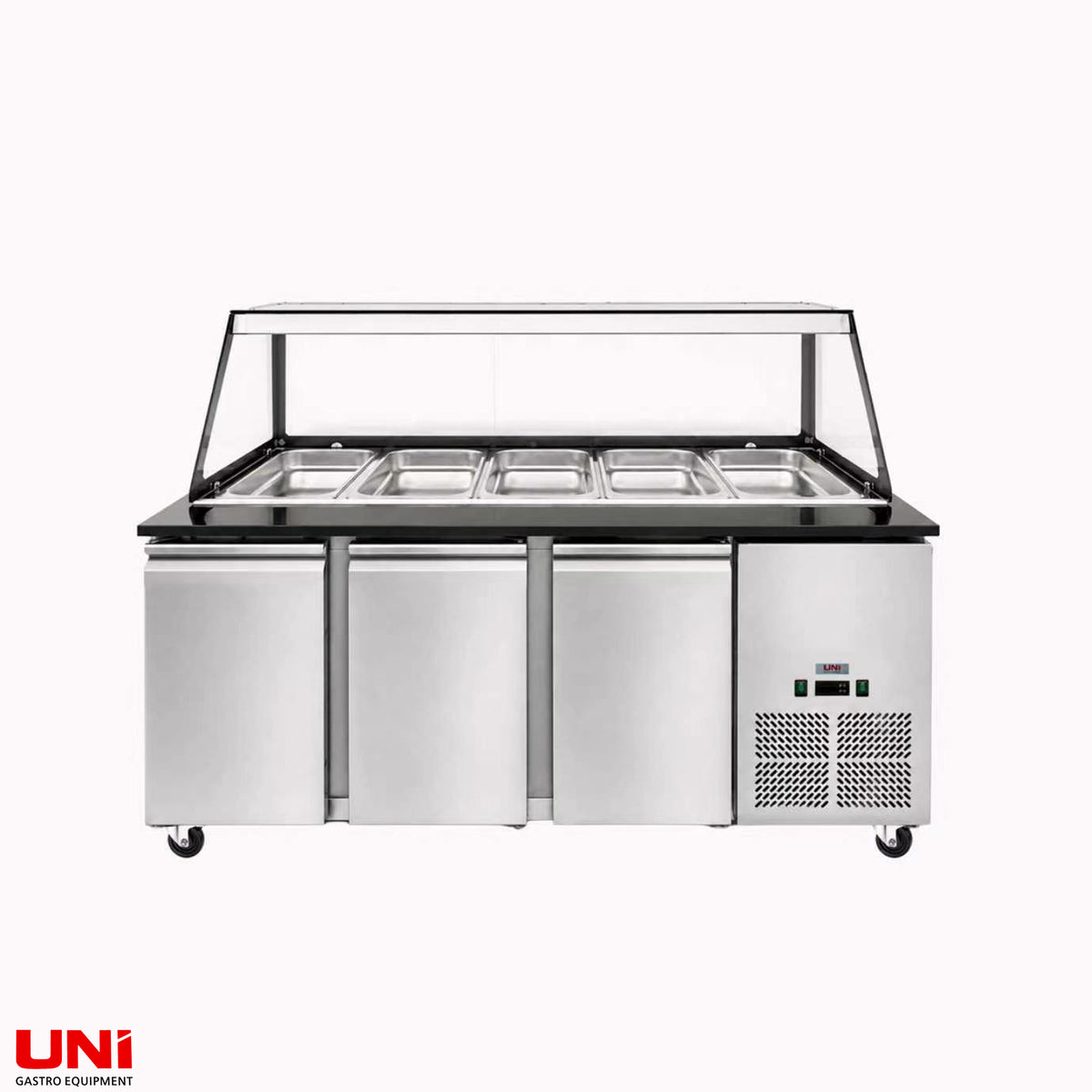 41067 SNACK-Line, banco frigo, 5x GN1/1, granito Star Galaxy nero, 188x82x85,5 sovrastruttura in vetro trasparente bordo nero, senza ripiano H=396mm