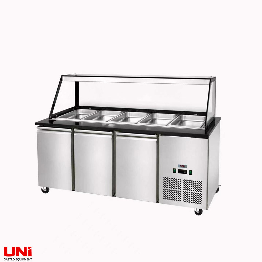 41067 SNACK-Line, banco frigo, 5x GN1/1, granito Star Galaxy nero, 188x82x85,5 sovrastruttura in vetro trasparente bordo nero, senza ripiano H=396mm