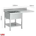 40713 Lavello in acciaio inox centrale, una vasca a sinistra, 120 x 70