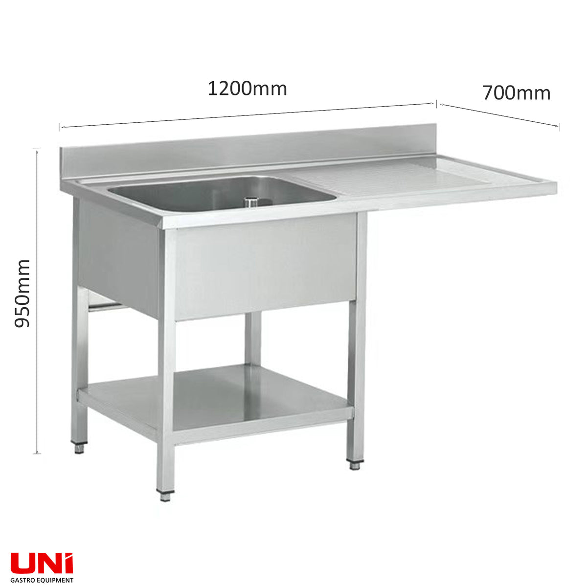 40713 Lavello in acciaio inox centrale, una vasca a sinistra, 120 x 70