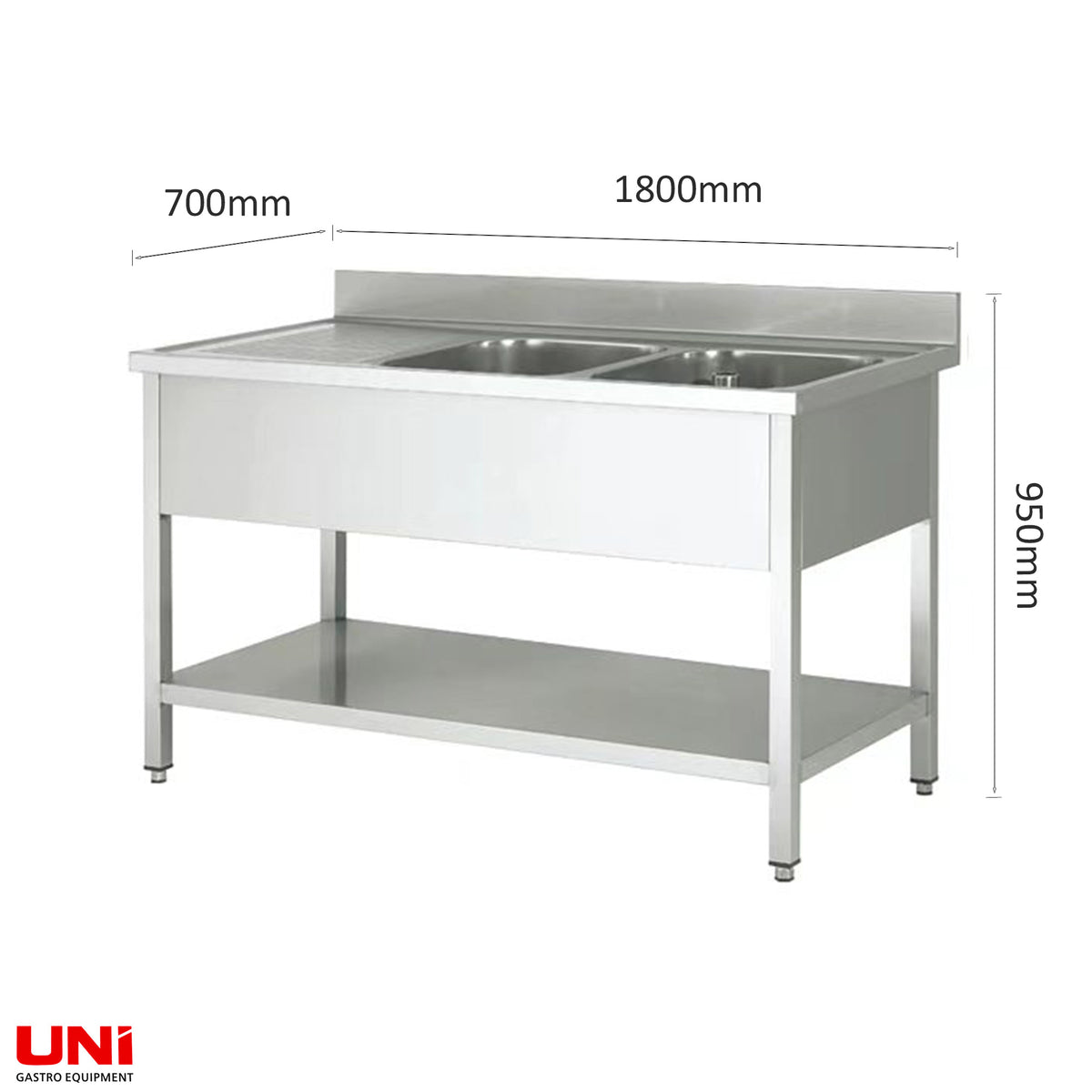 40728 Lavello in acciaio inox, due vasche a destra, 180 x 70