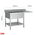 40744 Lavello in acciaio inox centrale, due vasche a sinistra, 180 x 70
