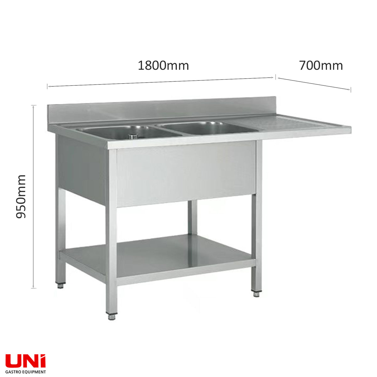 40744 Lavello in acciaio inox centrale, due vasche a sinistra, 180 x 70