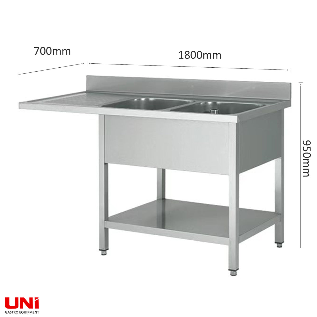 40783 Lavello in acciaio inox centrale, due vasche a destra, 180 x 70